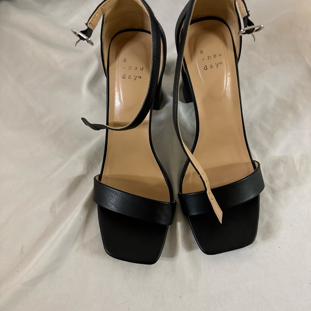 A New Day Black Faux Leather Ankle Strap Heels Women Size 9